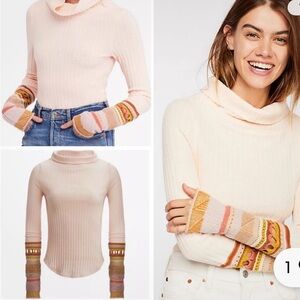 NWT FREE PEOPLE Mixed Up Sweater Cuff Thermal Top Size Large Peach Silk Combo